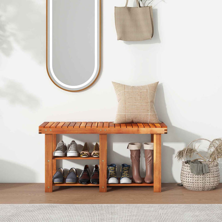 Acacia Wood Shoe Rack Bench 3-Tier Shoe Organizer Storage Shelf
