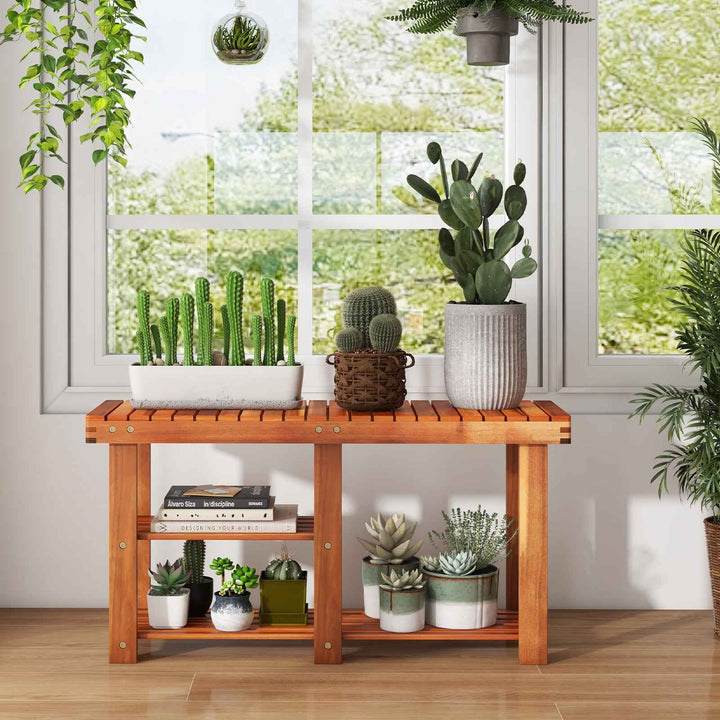 Acacia Wood Shoe Rack Bench 3-Tier Shoe Organizer Storage Shelf