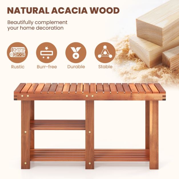 Acacia Wood Shoe Rack Bench 3-Tier Shoe Organizer Storage Shelf