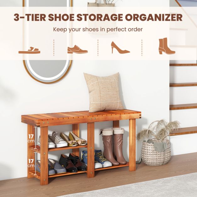 Acacia Wood Shoe Rack Bench 3-Tier Shoe Organizer Storage Shelf