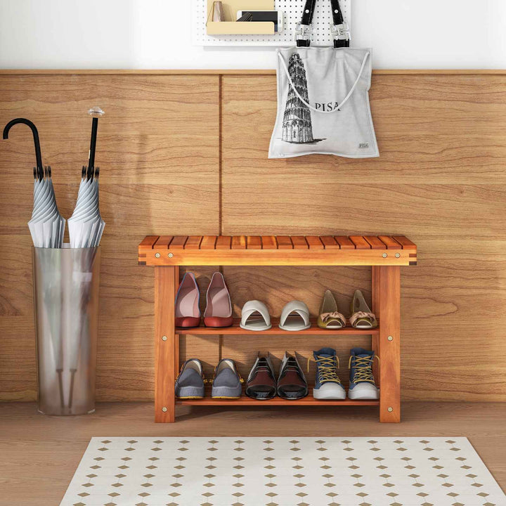 Acacia Wood Shoe Rack Bench 3-Tier Shoe Organizer Storage Shelf
