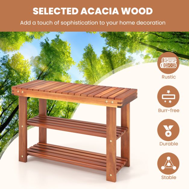 Acacia Wood Shoe Rack Bench 3-Tier Shoe Organizer Storage Shelf