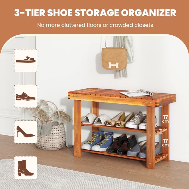 Acacia Wood Shoe Rack Bench 3-Tier Shoe Organizer Storage Shelf