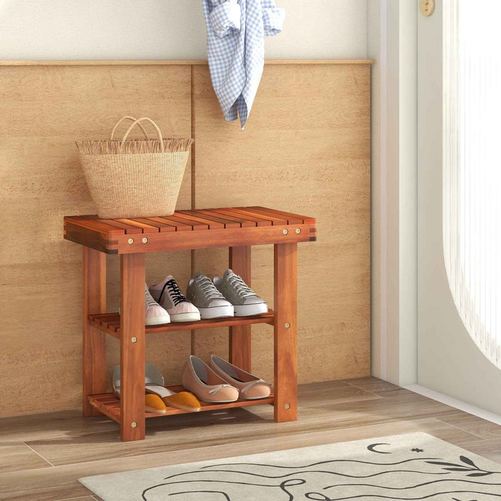 Acacia Wood Shoe Rack Bench 3-Tier Shoe Organizer Storage Shelf