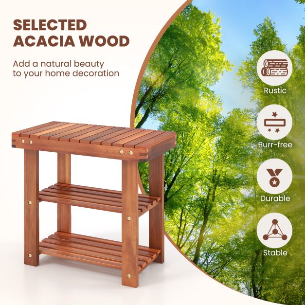 Acacia Wood Shoe Rack Bench 3-Tier Shoe Organizer Storage Shelf