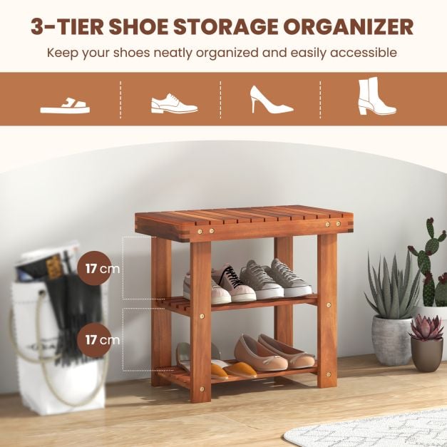 Acacia Wood Shoe Rack Bench 3-Tier Shoe Organizer Storage Shelf