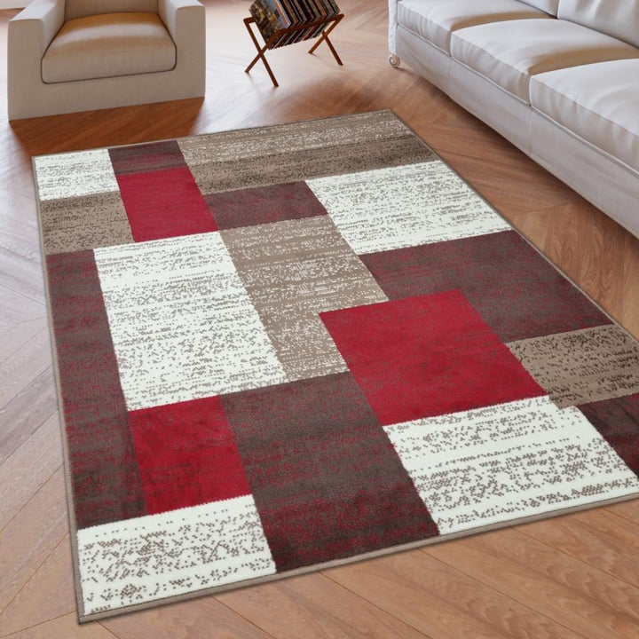 Modern Rug Geometric Red Beige Cream Patterned Soft Carpet Red Beige Cream - TidySpaces