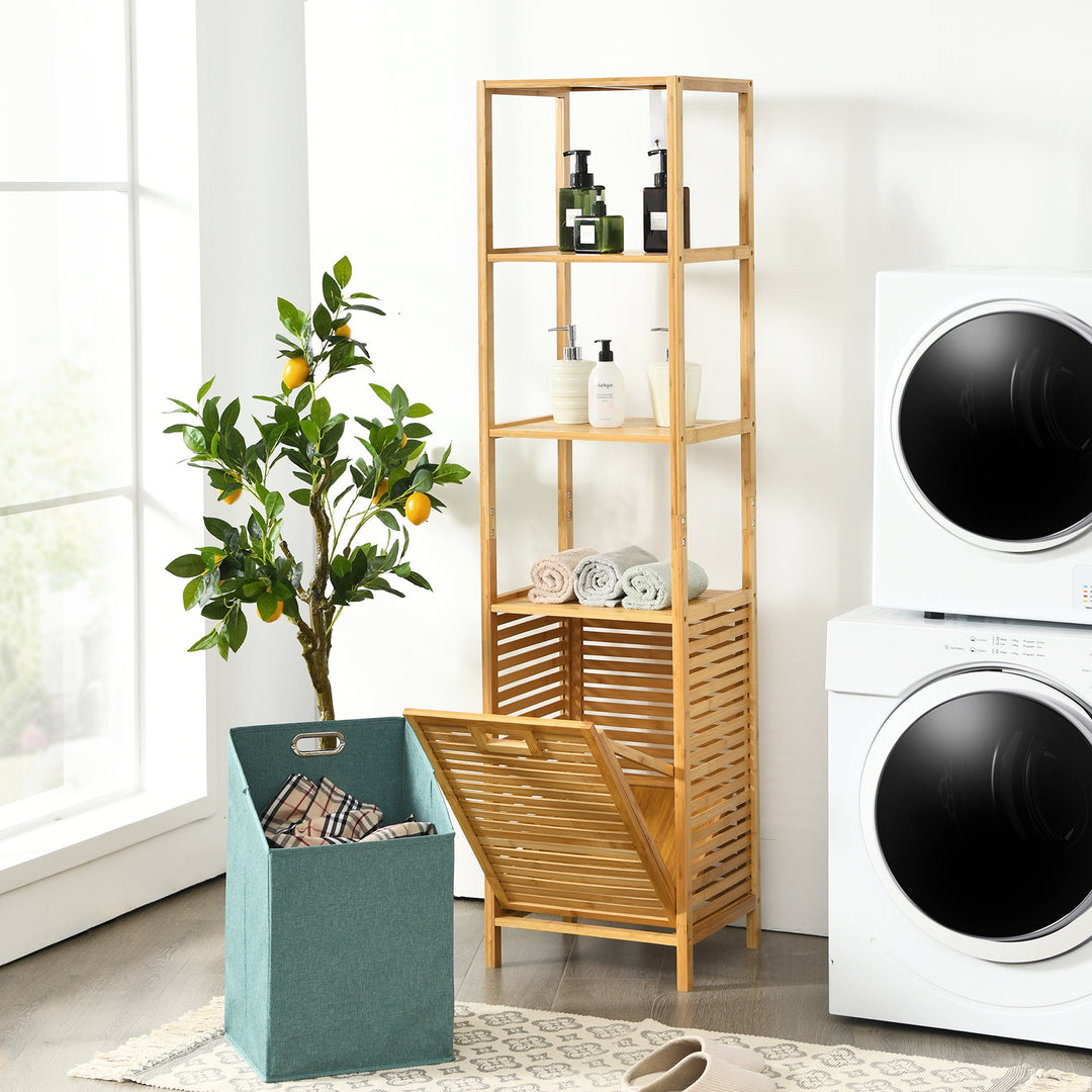 Bathroom Tilt-out Laundry Hamper Organizer with 3-Tier Storage Shelves-Natural - TidySpaces