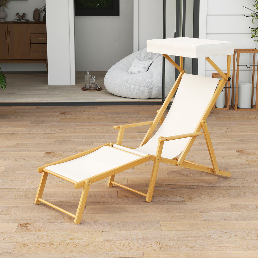 Birch Wood Chaise Lounge Chair with Adjustable Canopy Reclining Backrest and Footrest-Beige - TidySpaces