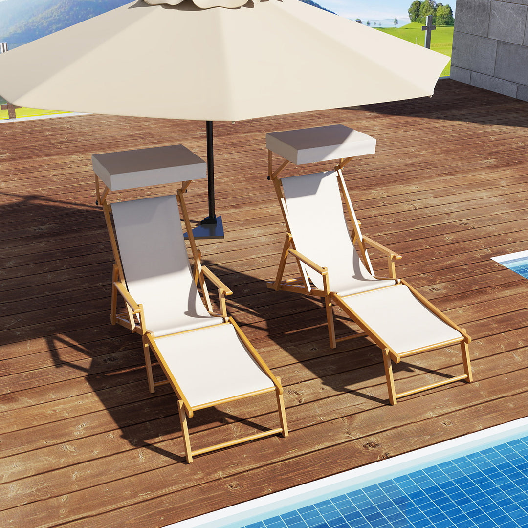 Birch Wood Chaise Lounge Chair with Adjustable Canopy Reclining Backrest and Footrest-Beige - TidySpaces