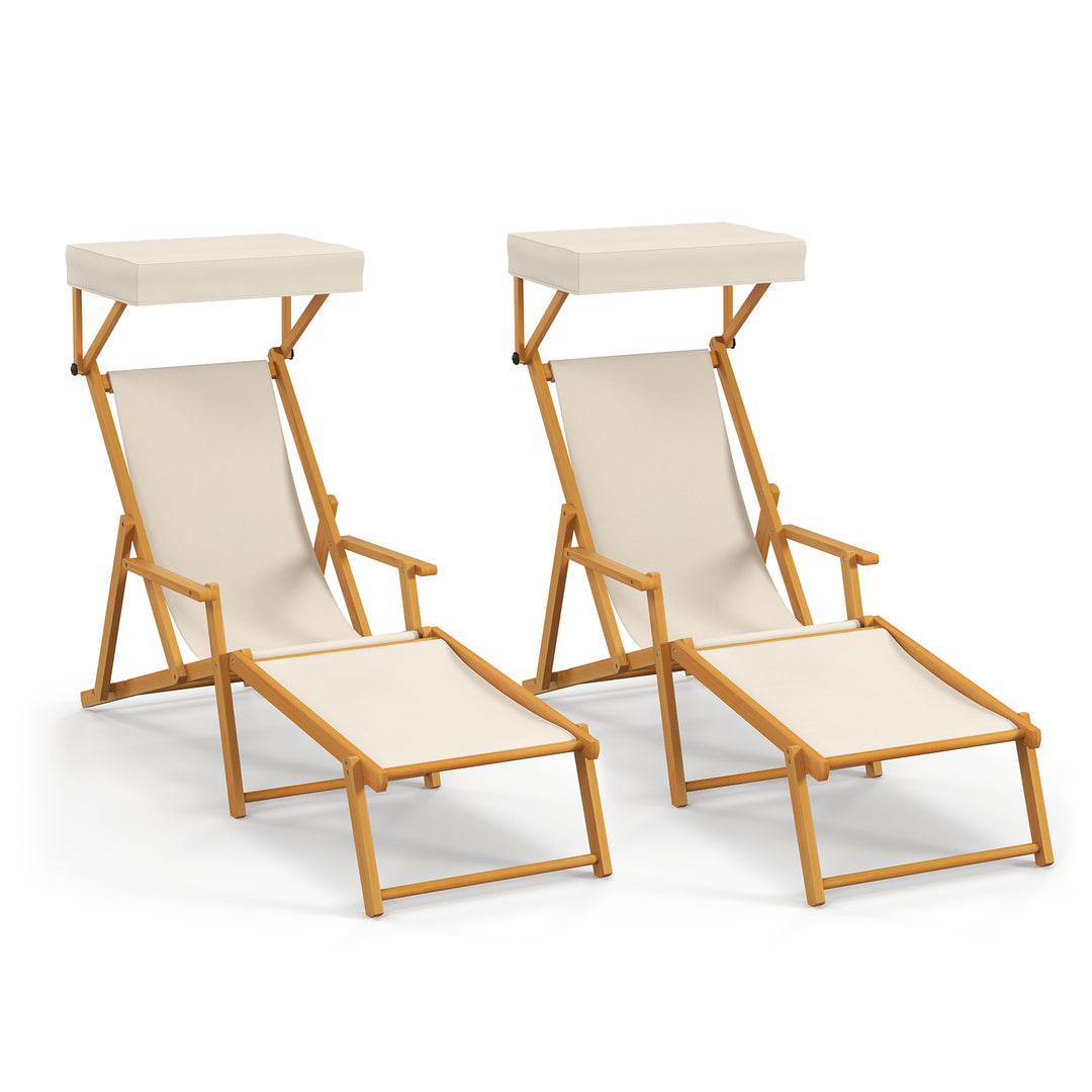 Birch Wood Chaise Lounge Chair with Adjustable Canopy Reclining Backrest and Footrest-Beige - TidySpaces
