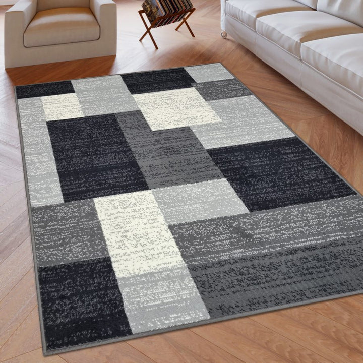 Modern Rug Geometric Grey Black Patterned Soft Carpet Grey Black - TidySpaces