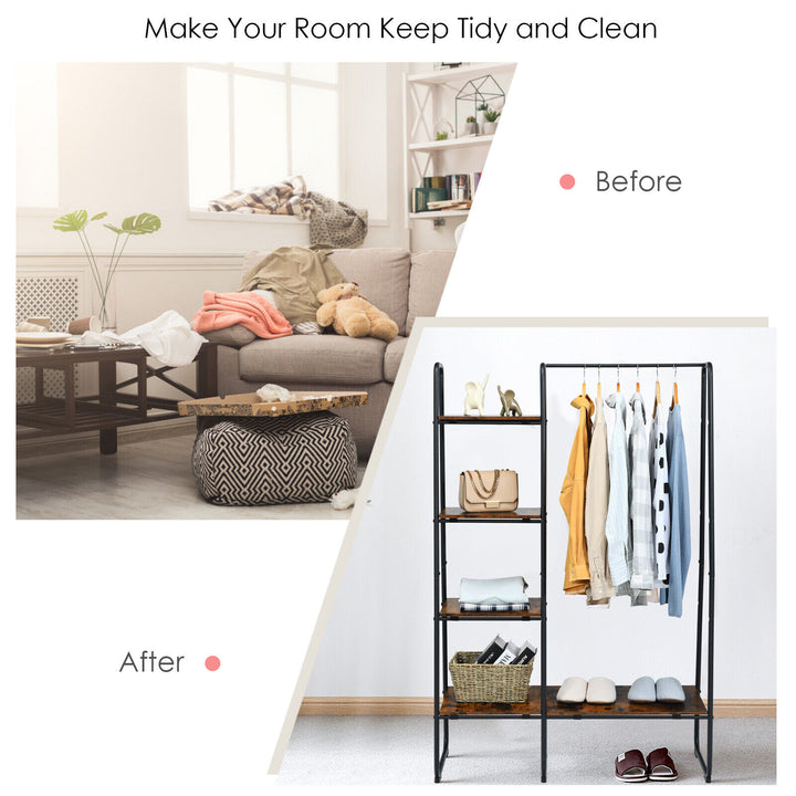 Free Standing Garment Clothing Rack with 5 Tier Wood Shelves - TidySpaces