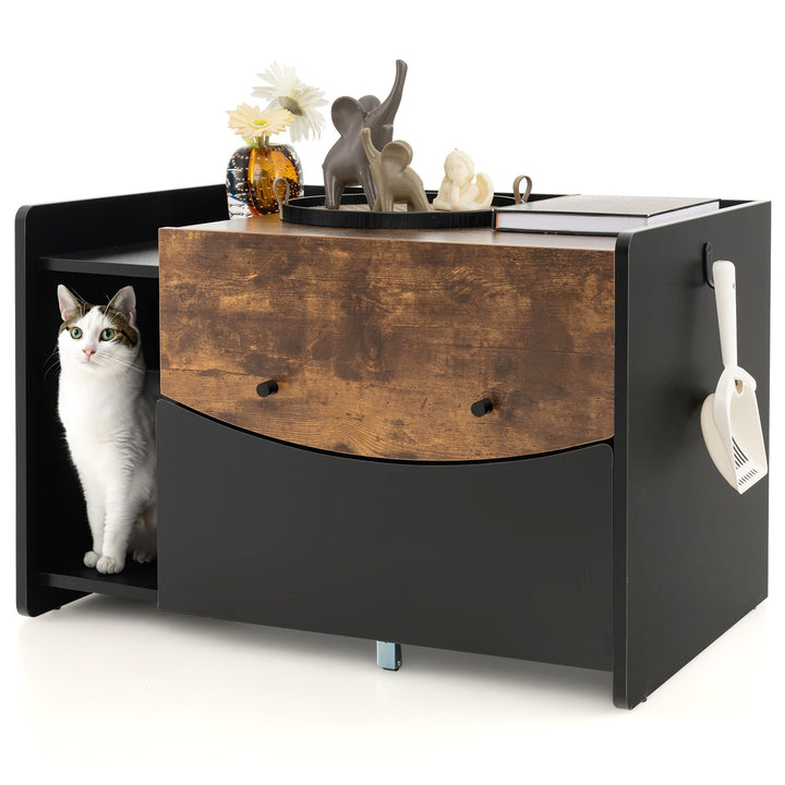 Cat Litter Box Enclosure with Pull-out Drawer, Rolling Caster and Flip Door-Black & Brown - TidySpaces