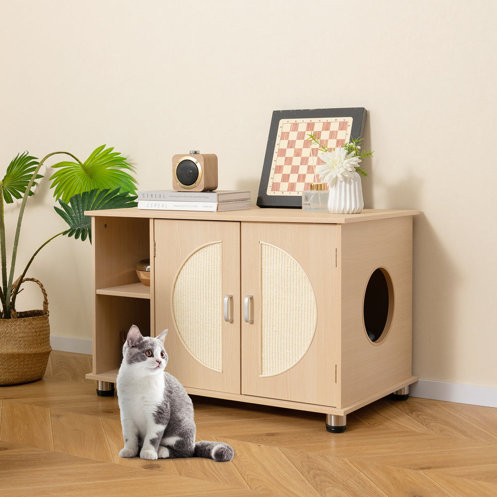Cat Litter Box Enclosure with Sisal Scratching Doors and Adjustable Metal Feet-Natural - TidySpaces