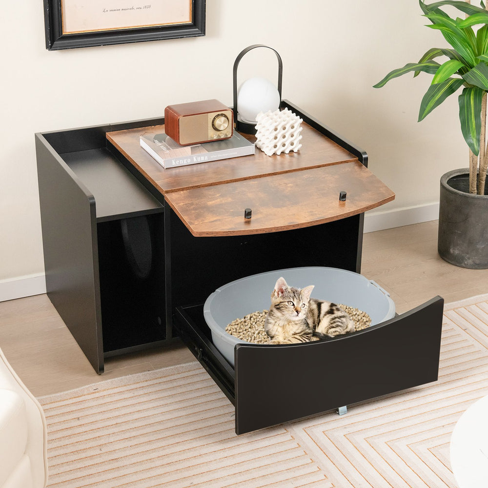 Cat Litter Box Enclosure with Pull-out Drawer, Rolling Caster and Flip Door-Black & Brown - TidySpaces