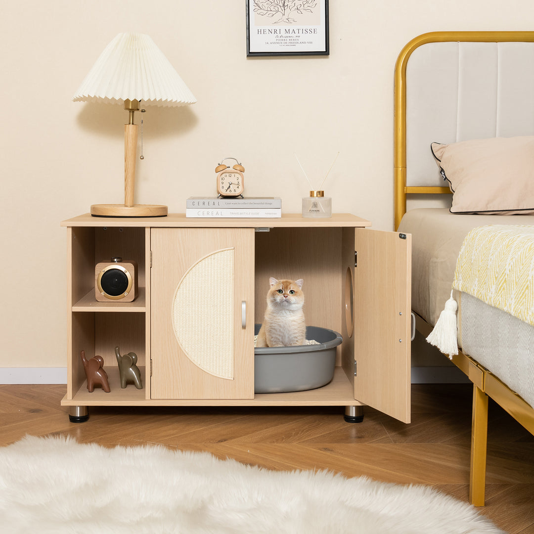 Cat Litter Box Enclosure with Sisal Scratching Doors and Adjustable Metal Feet-Natural - TidySpaces