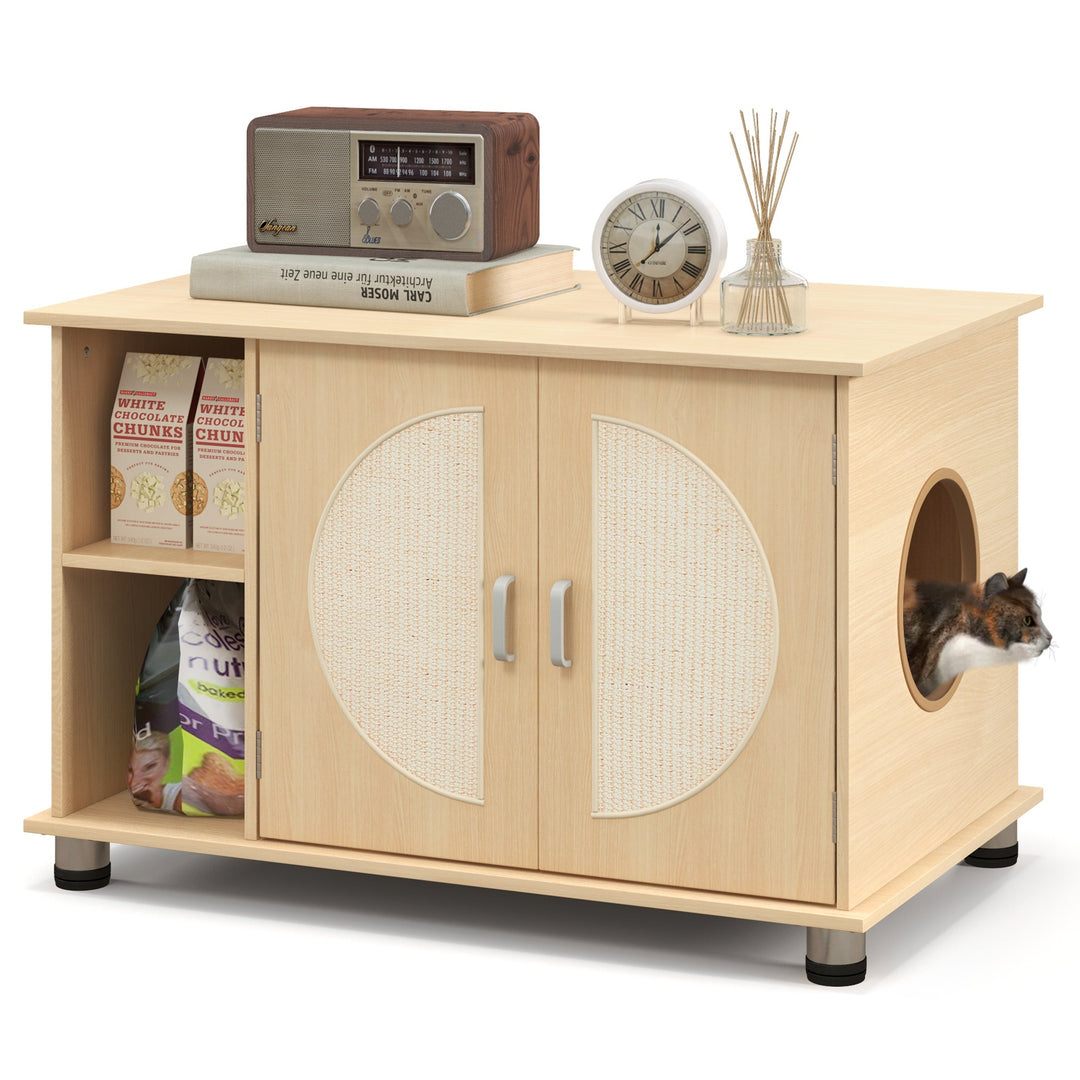 Cat Litter Box Enclosure with Sisal Scratching Doors and Adjustable Metal Feet-Natural - TidySpaces