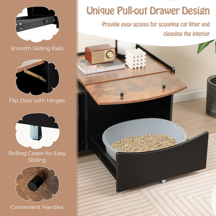 Cat Litter Box Enclosure with Pull-out Drawer, Rolling Caster and Flip Door-Black & Brown - TidySpaces