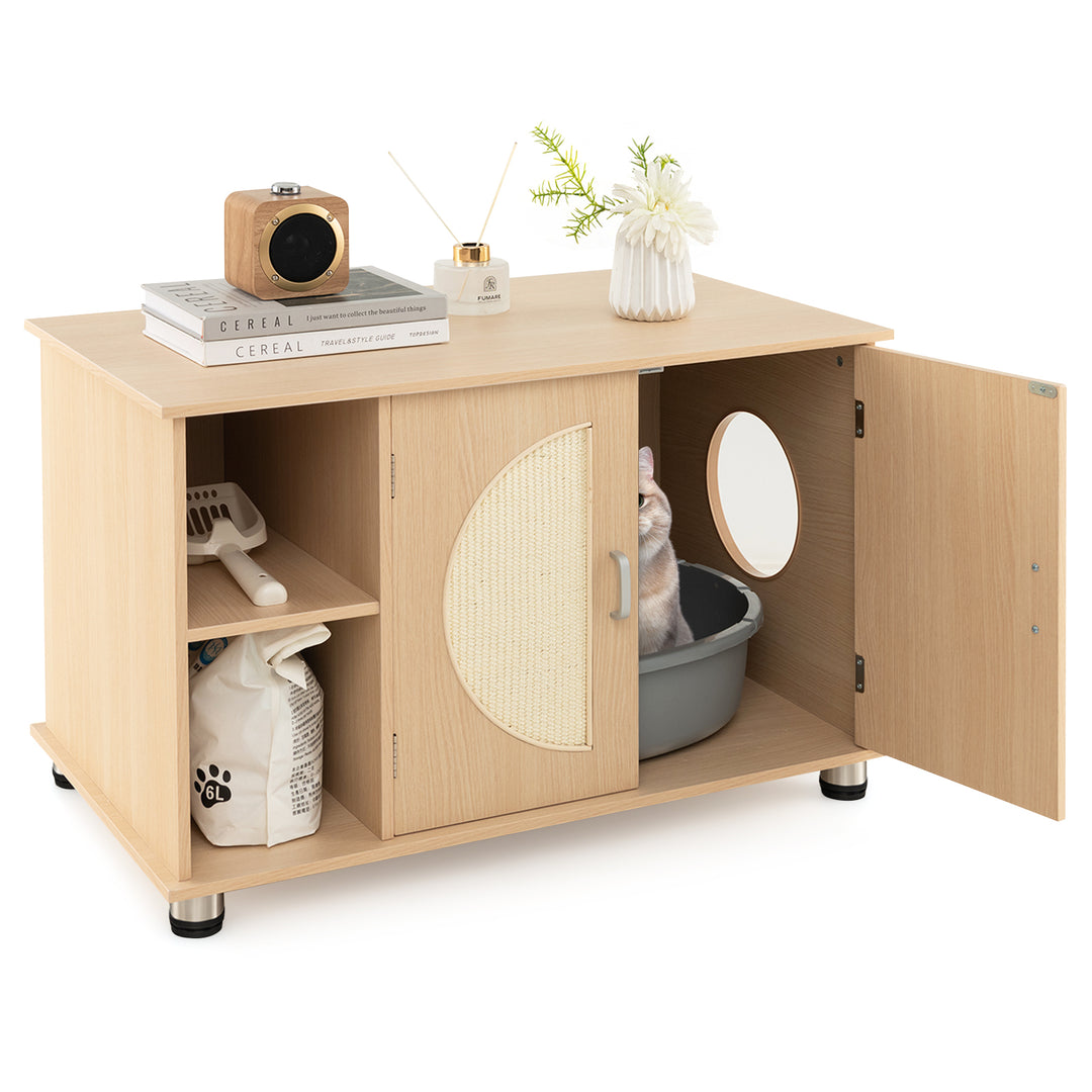 Cat Litter Box Enclosure with Sisal Scratching Doors and Adjustable Metal Feet-Natural - TidySpaces