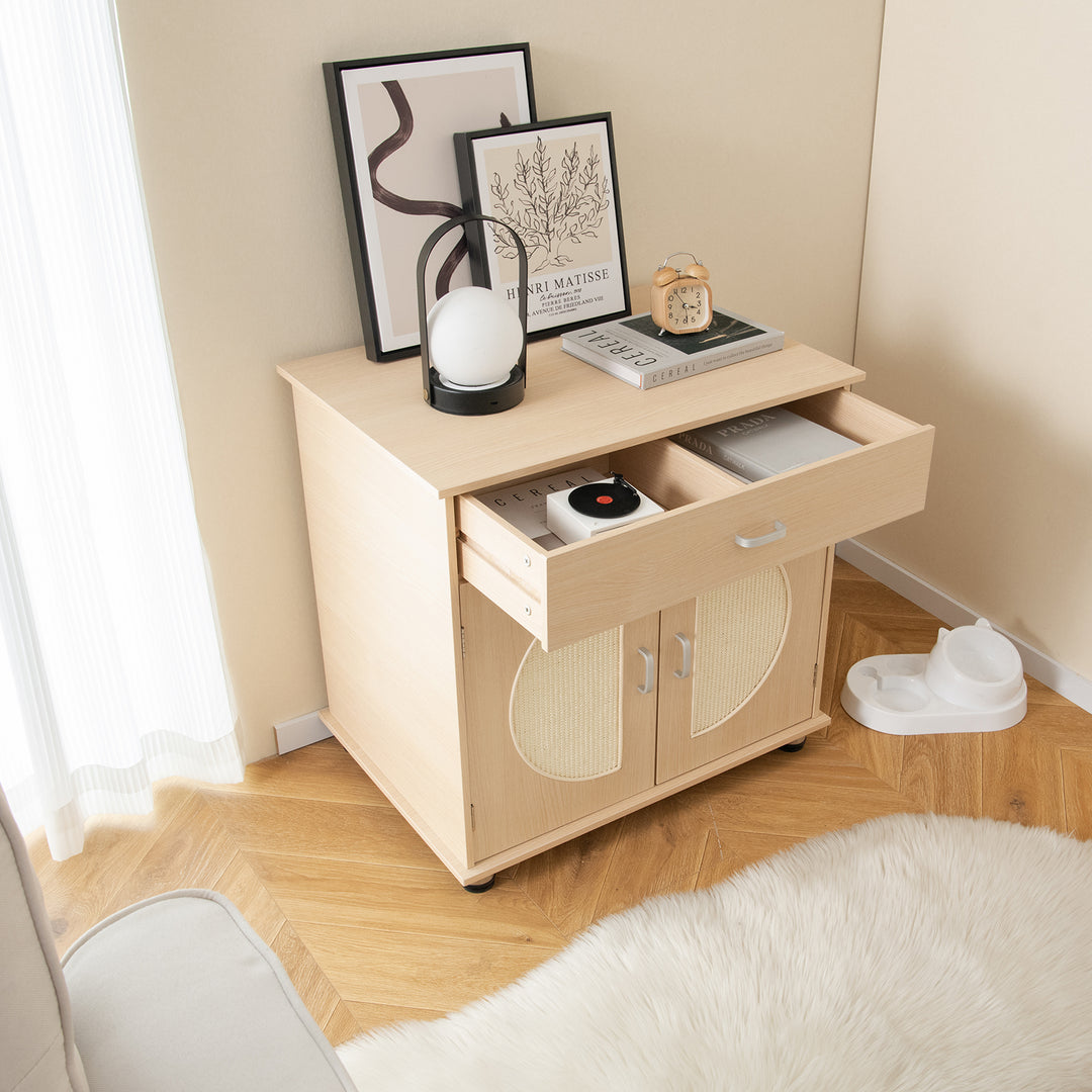 Cat Litter Box Enclosure with Sisal Scratching Doors and Drawer-Natural - TidySpaces