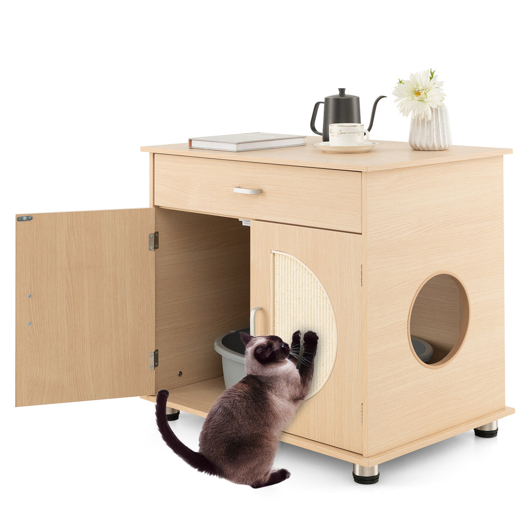 Cat Litter Box Enclosure with Sisal Scratching Doors and Drawer-Natural - TidySpaces