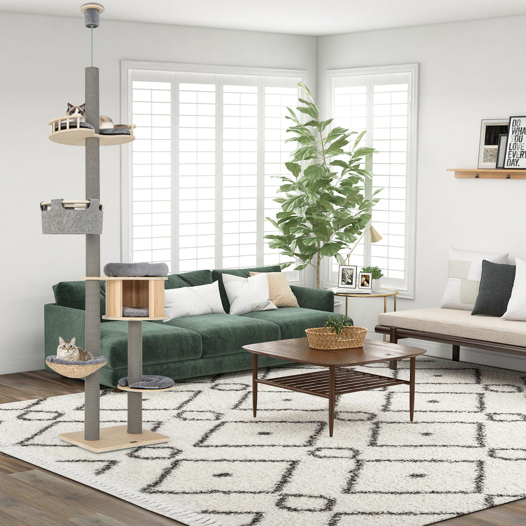 Floor to Ceiling Cat Tree with Adjustable Height for Indoor Cats-Natural - TidySpaces