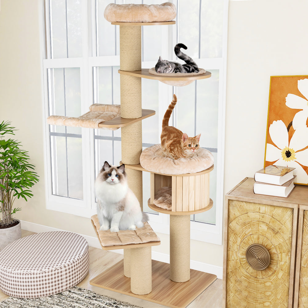 Modern Tall Cat Tree Tower with Wooden Cat Condo-Beige - TidySpaces