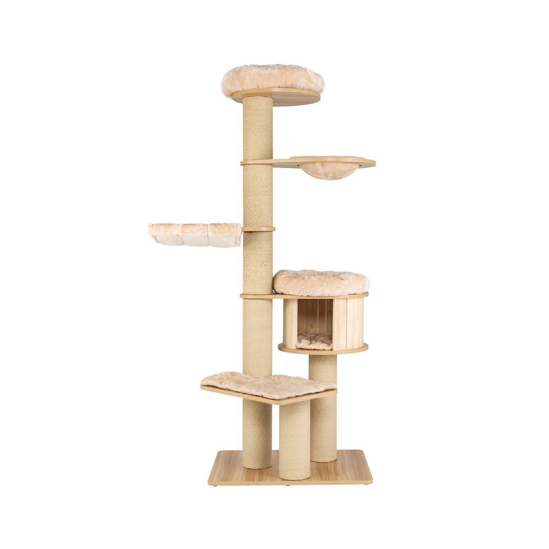 Modern Tall Cat Tree Tower with Wooden Cat Condo-Beige - TidySpaces