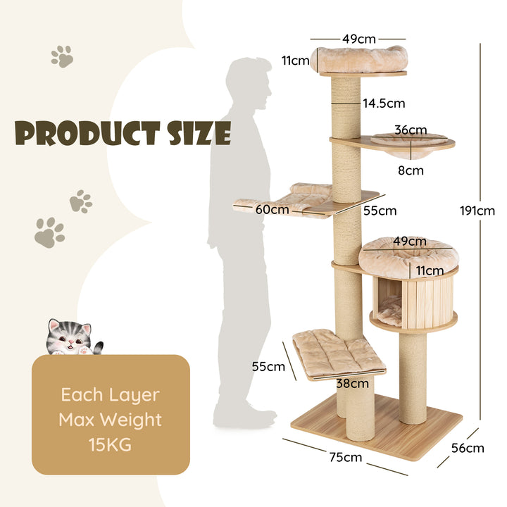 Modern Tall Cat Tree Tower with Wooden Cat Condo-Beige - TidySpaces