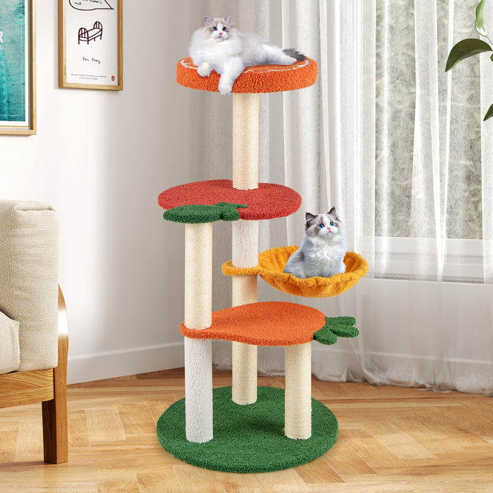 Multi-level Cat Tree with Fruit-shaped Platforms and Rotatable Side Basket