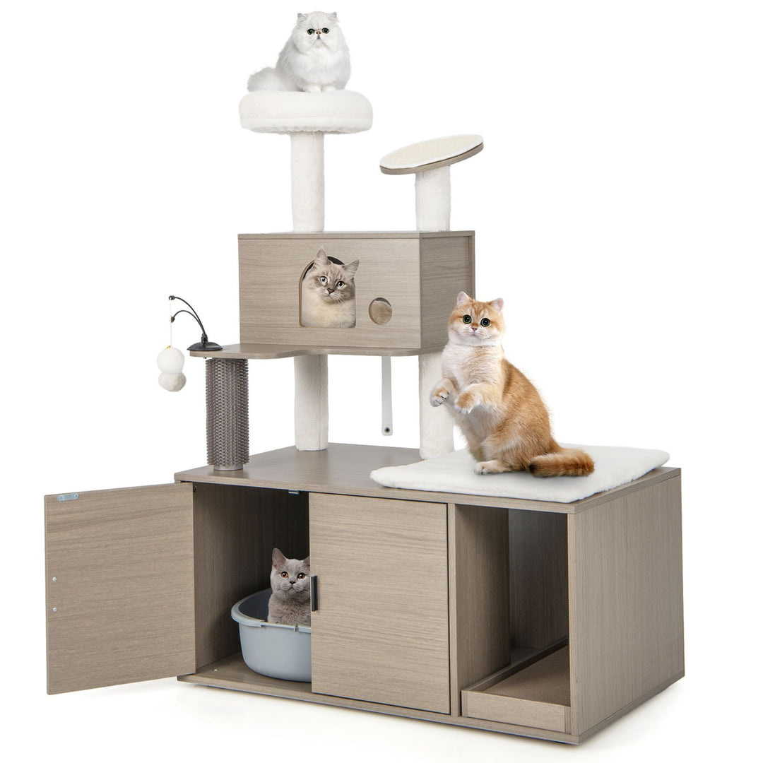 Cat Tree with Litter Box Enclosure-Grey - TidySpaces