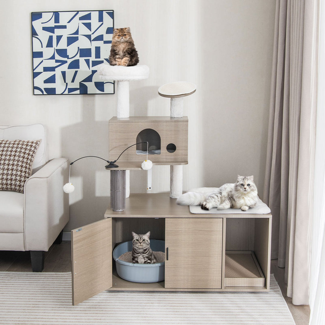 Cat Tree with Litter Box Enclosure-Grey - TidySpaces