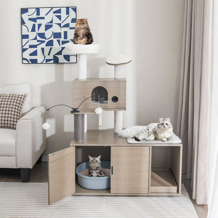Cat Tree with Litter Box Enclosure-Grey - TidySpaces