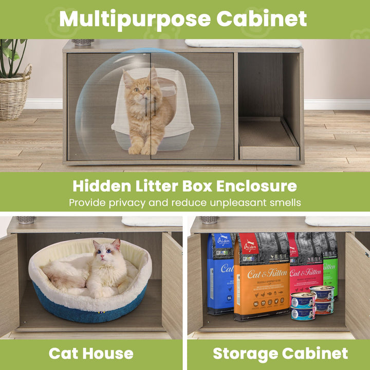 Cat Tree with Litter Box Enclosure-Grey - TidySpaces