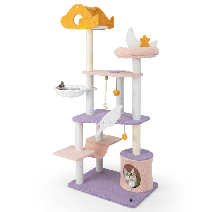 167 cm Multilevel Tall Cat Tower with Sisal Covered Scratching Posts-Purple - TidySpaces