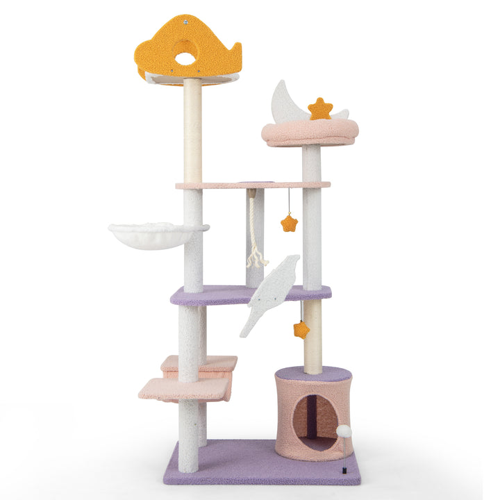 167 cm Multilevel Tall Cat Tower with Sisal Covered Scratching Posts-Purple - TidySpaces