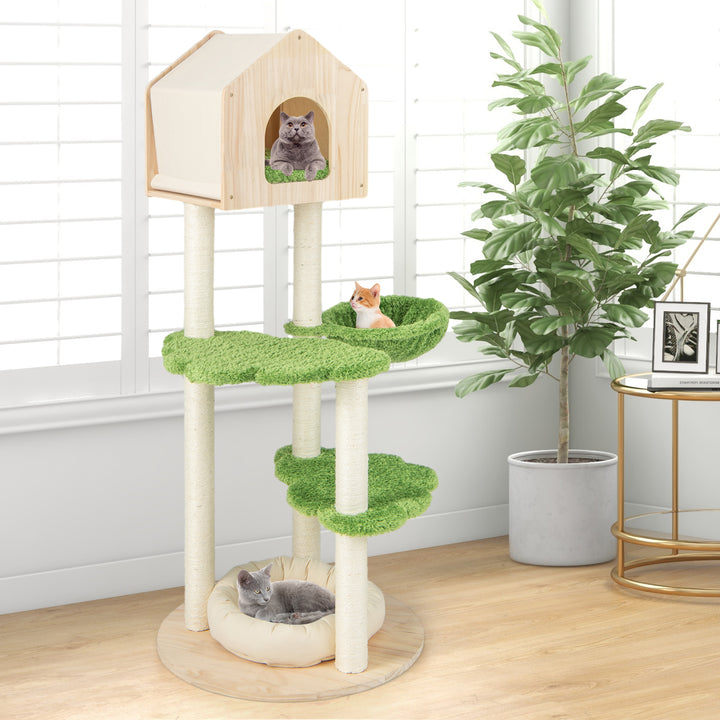 Wooden Cat Tree with Sisal Scratching Posts-Green - TidySpaces
