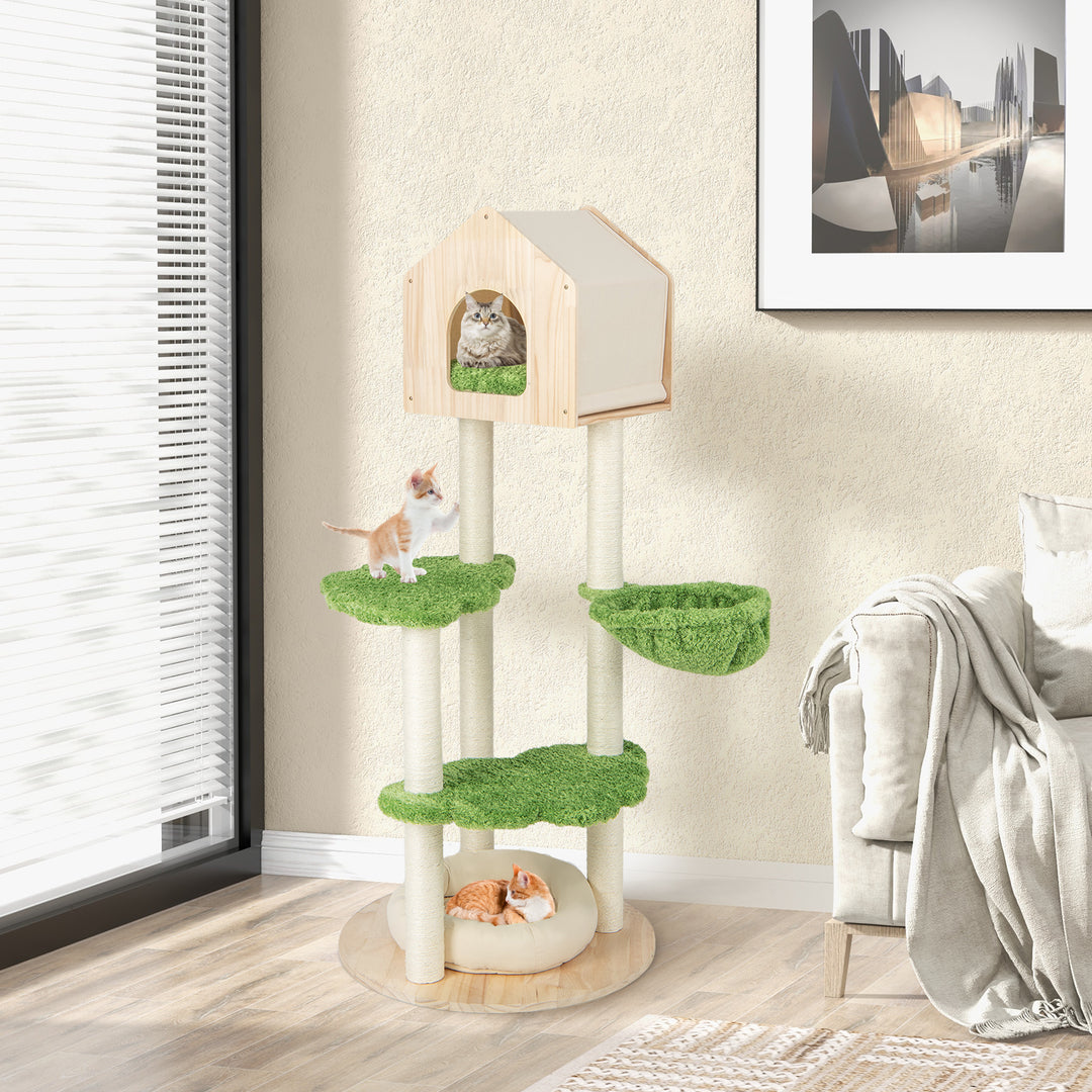 Wooden Cat Tree with Sisal Scratching Posts-Green - TidySpaces