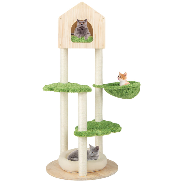 Wooden Cat Tree with Sisal Scratching Posts-Green - TidySpaces