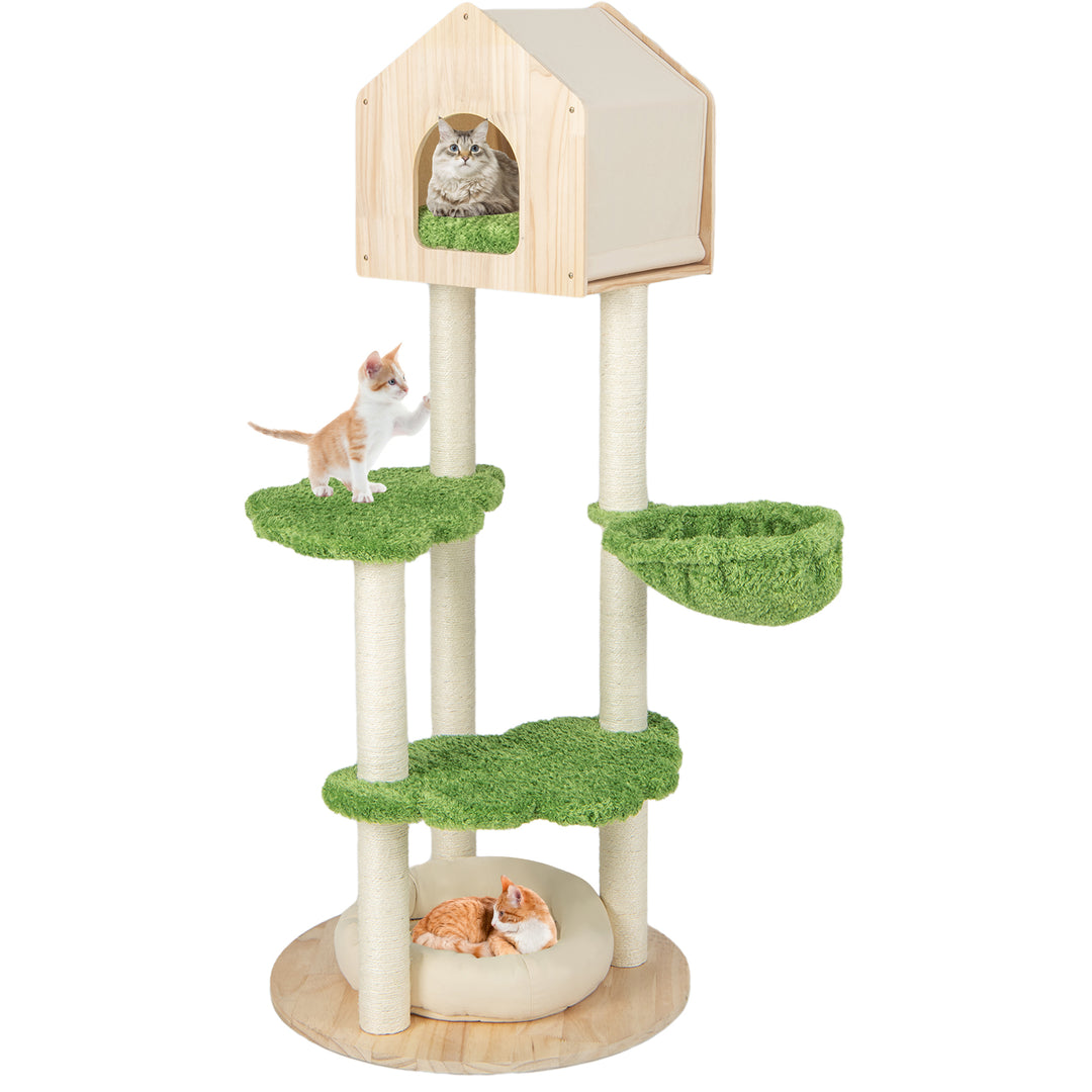 Wooden Cat Tree with Sisal Scratching Posts-Green - TidySpaces