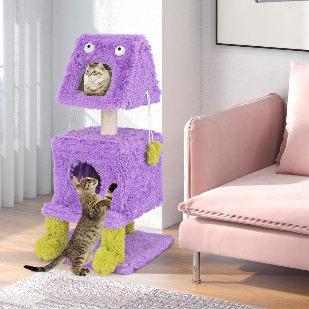 Cute Monster-Themed Cat Tower with 2 Private Condos and Soft Long Plush-Purple - TidySpaces