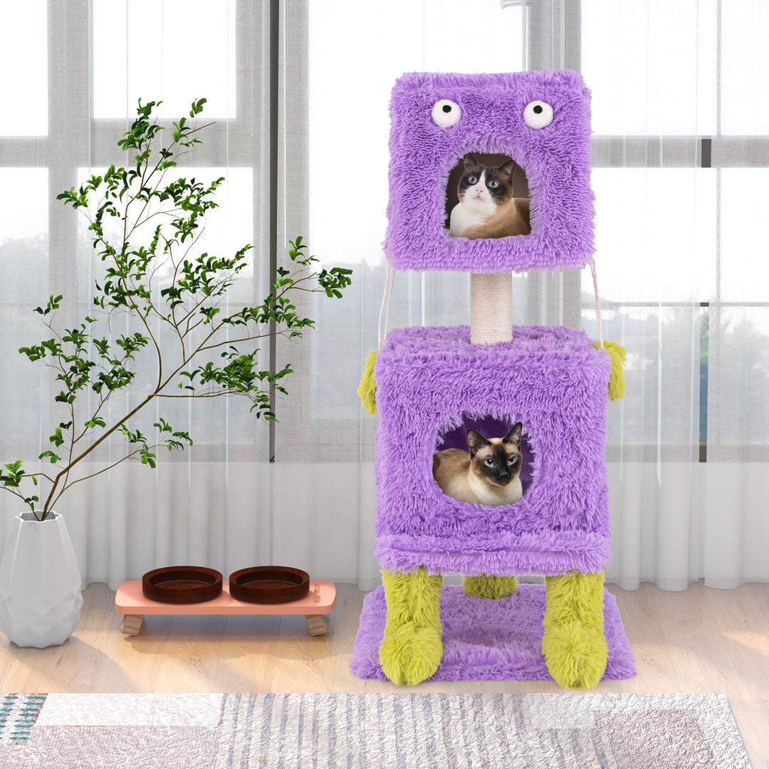 Cute Monster-Themed Cat Tower with 2 Private Condos and Soft Long Plush-Purple - TidySpaces