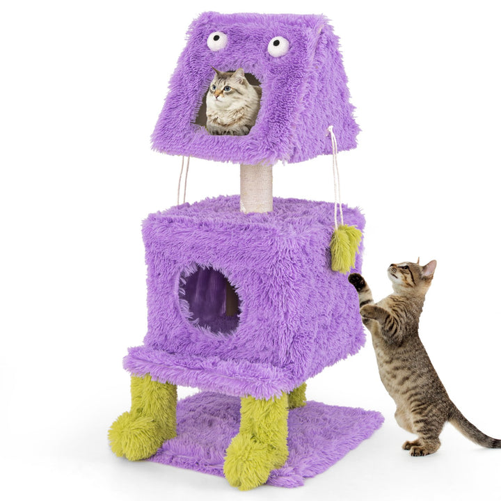 Cute Monster-Themed Cat Tower with 2 Private Condos and Soft Long Plush-Purple - TidySpaces