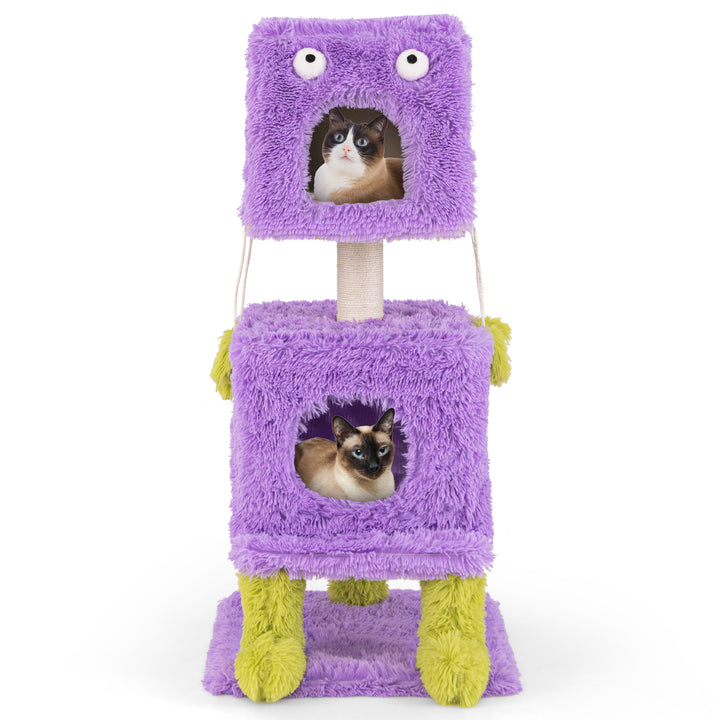 Cute Monster-Themed Cat Tower with 2 Private Condos and Soft Long Plush-Purple - TidySpaces