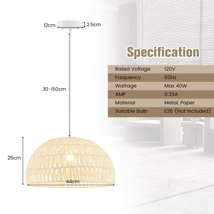 Dome Paper Pendant Ceiling Light with Adjustable Hanging Rope-Beige - TidySpaces