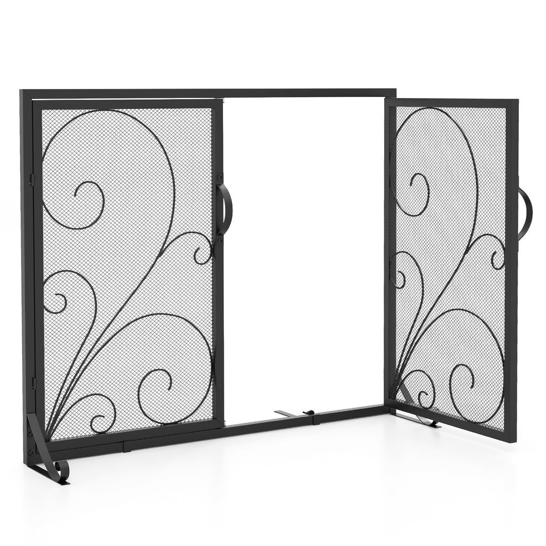 Double Door Fireplace Screen Flat Fire Guard with Magnetic Panels-Black - TidySpaces