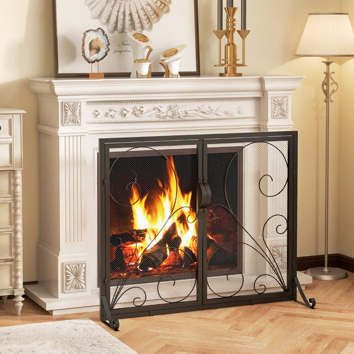 Double Door Fireplace Screen Flat Fire Guard with Magnetic Panels-Black - TidySpaces