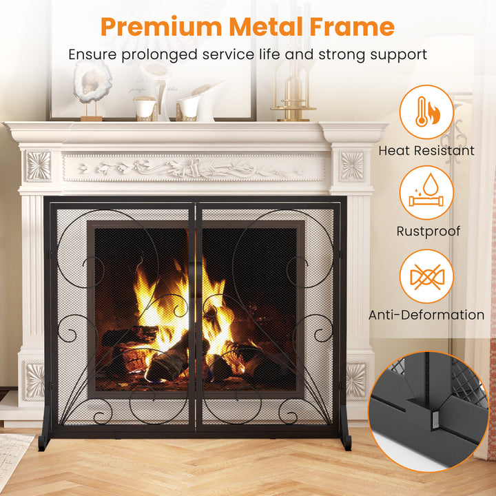 Double Door Fireplace Screen Flat Fire Guard with Magnetic Panels-Black - TidySpaces