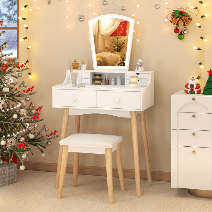 Dressing Table and Chair Set with 3 Lighting Modes and Natural Pine Wood Legs-White - TidySpaces